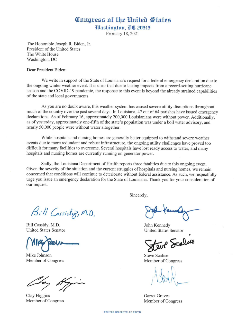 Letter to POTUS on Disaster Declaration